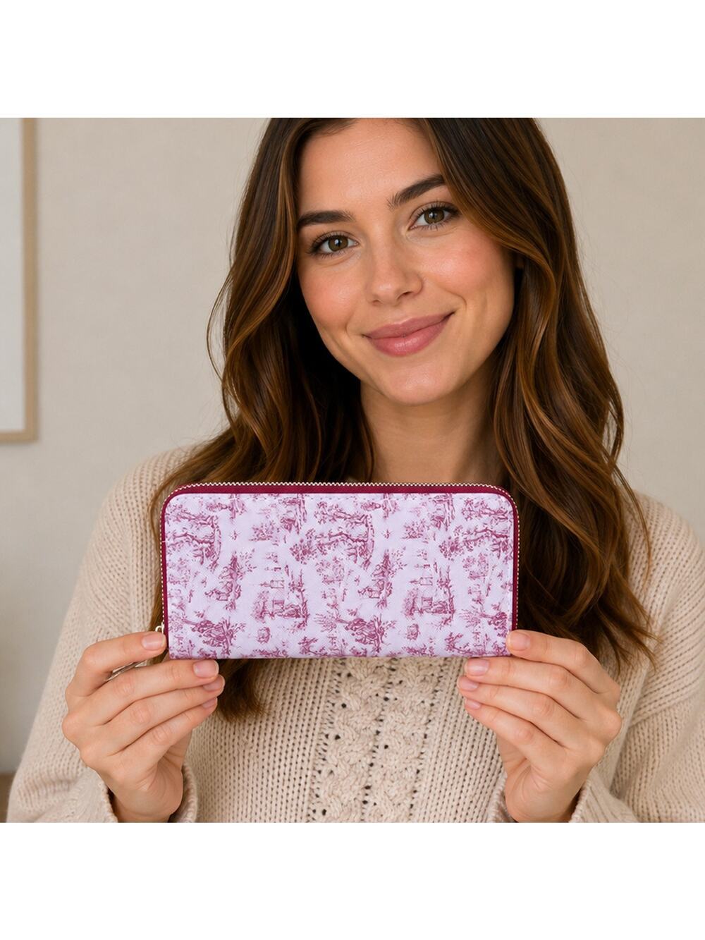 Red Toile Print Zip Wallet Clutch Easy to Hold and Carry 8 x4" - Hey Viv